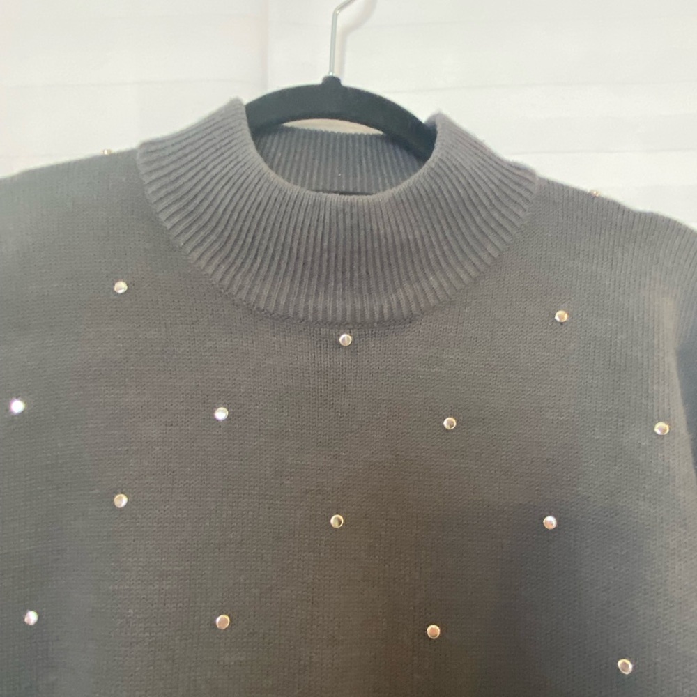 Women's Grey Studded Wool Blend Mock Neck Soft Knit Sweater Large Goth Mobwife - Picture 6 of 13